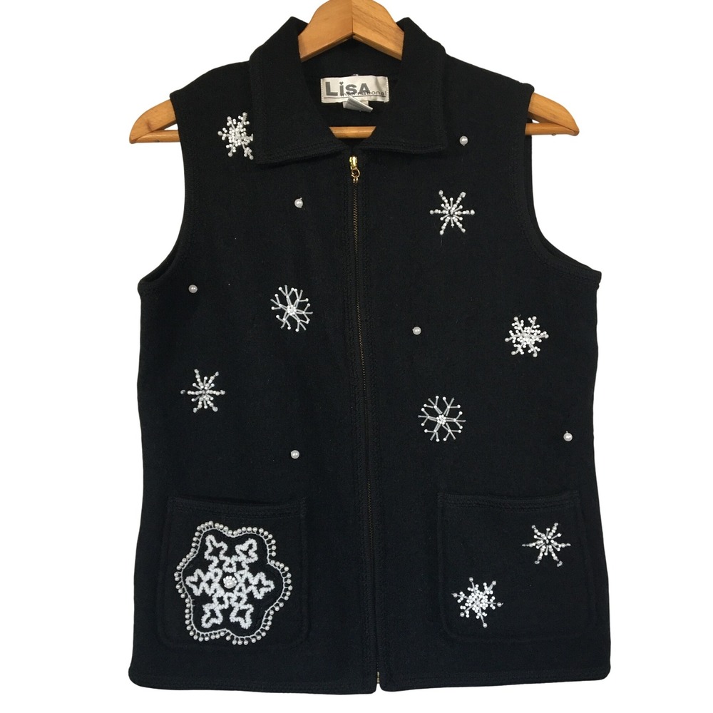 Lisa International Wool Vest Womens Black Embellished Snowflake Full Zip Vintage